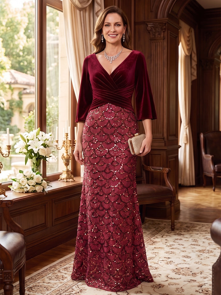 Sheath/Column V-Neck Velvet Mother of the Bride Dresses Sequins Floor-Length 3/4 Sleeves