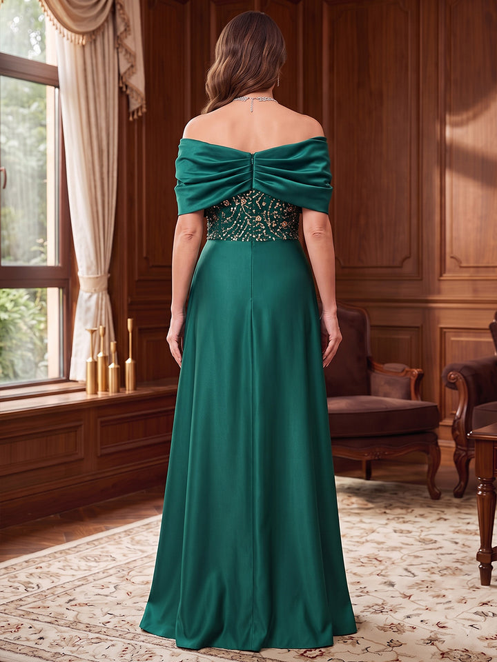 Sheath/Column Off-the-Shoulder Satin Mother of the Bride Dresses Floor-Length Sequins Sleeveless with Overskirt