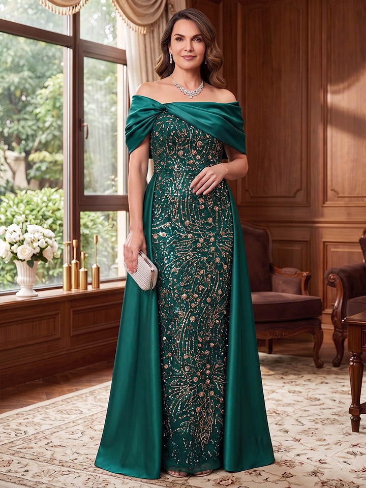 Sheath/Column Off-the-Shoulder Satin Mother of the Bride Dresses Floor-Length Sequins Sleeveless with Overskirt