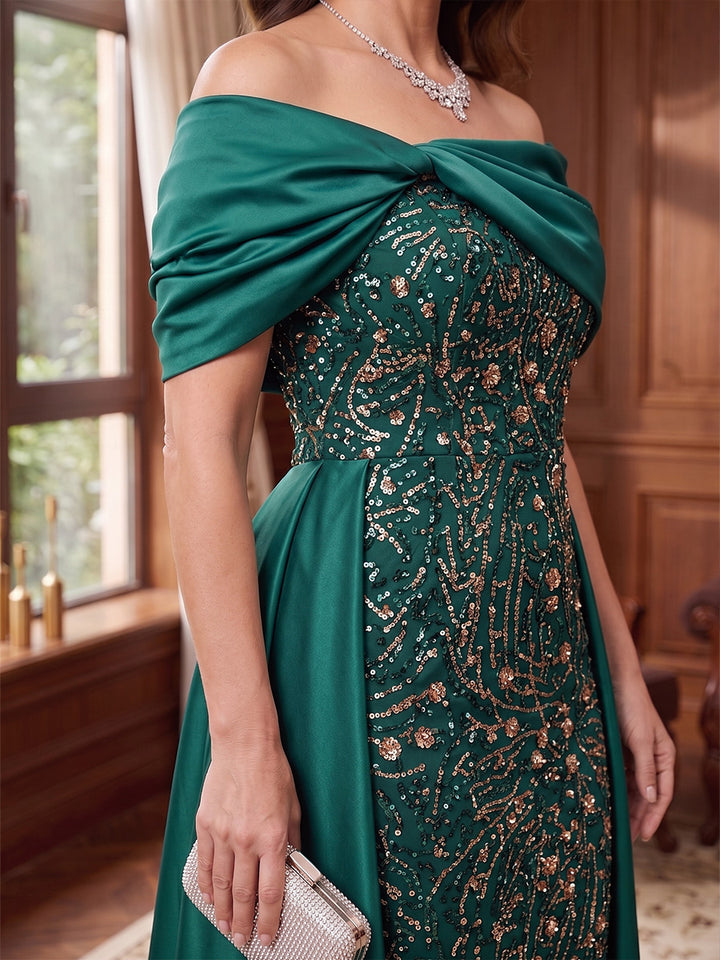 Sheath/Column Off-the-Shoulder Satin Mother of the Bride Dresses Floor-Length Sequins Sleeveless with Overskirt