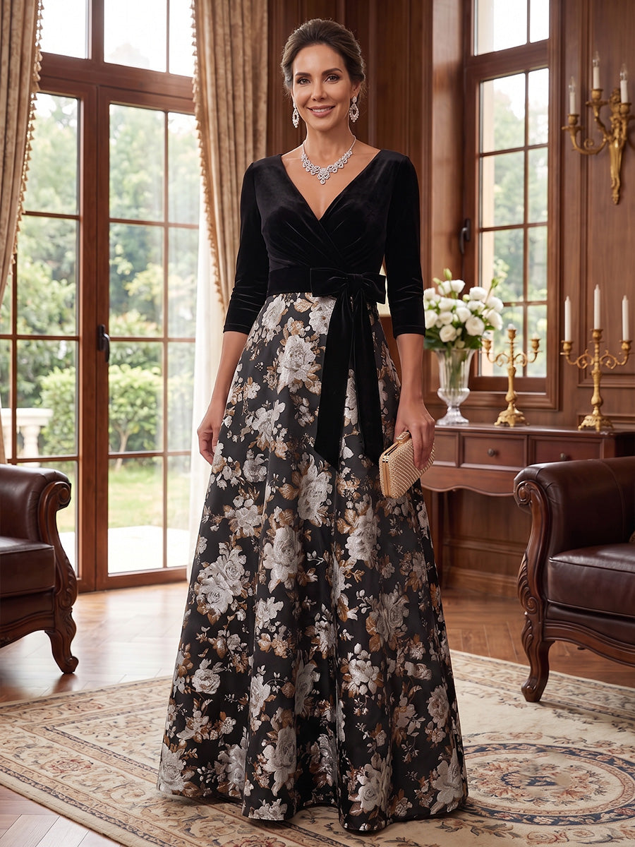 A-Line/Princess V-Neck Velvet Mother of the Bride Dresses Jacquard Floor-Length 3/4 Sleeves Bowknot