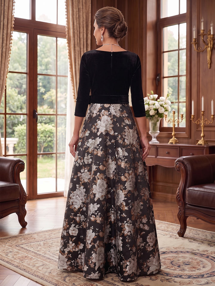 A-Line/Princess V-Neck Velvet Mother of the Bride Dresses Jacquard Floor-Length 3/4 Sleeves Bowknot