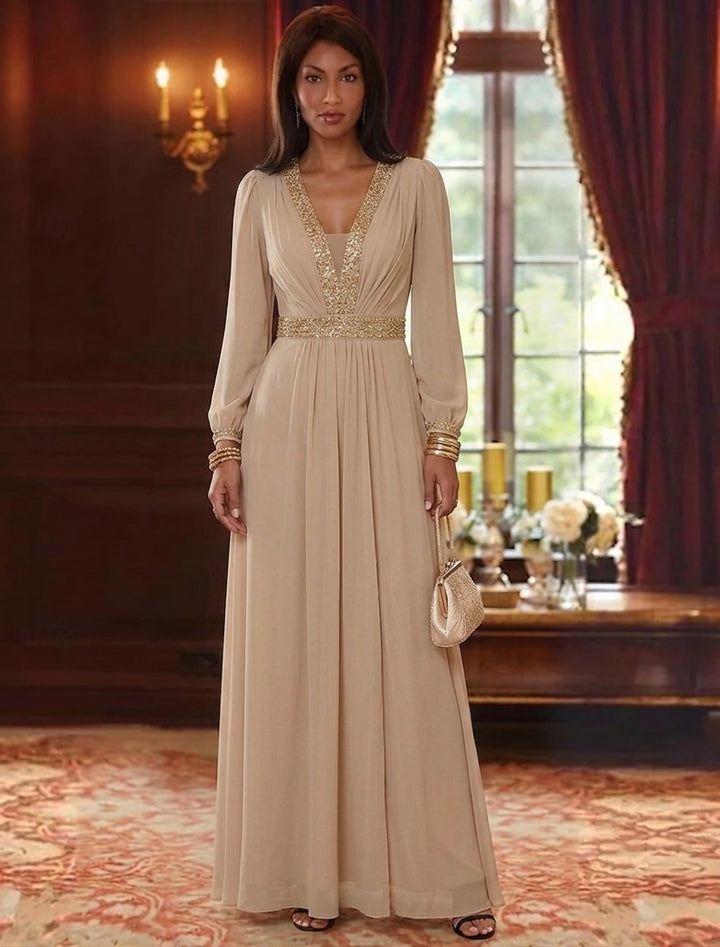 A-Line/Princess V-Neck Chiffon Mother of the Bride Dresses Sequins Ankle-Length Long Sleeves