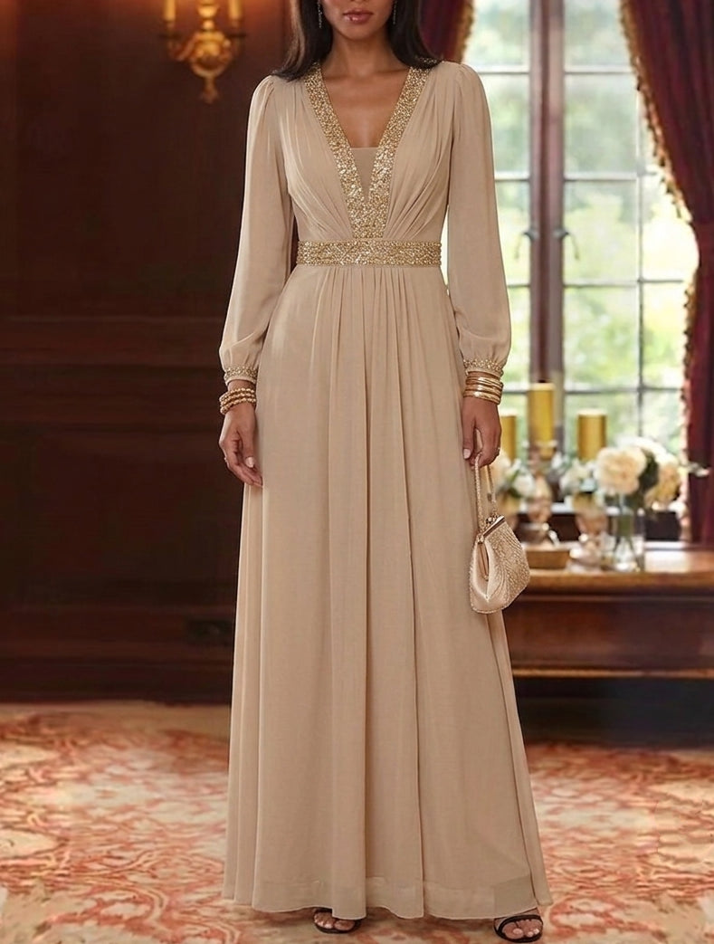 A-Line/Princess V-Neck Chiffon Mother of the Bride Dresses Sequins Ankle-Length Long Sleeves