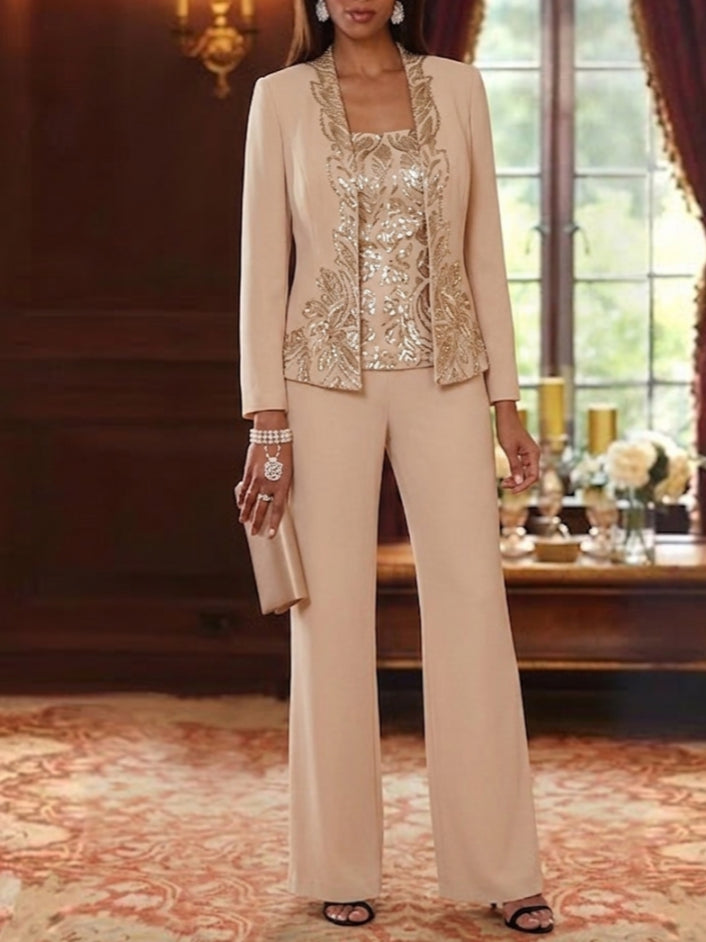 3 Pieces Scoop Chiffon Mother of the Bride Pantsuits Foral Long Sleeves Ankle-Length
