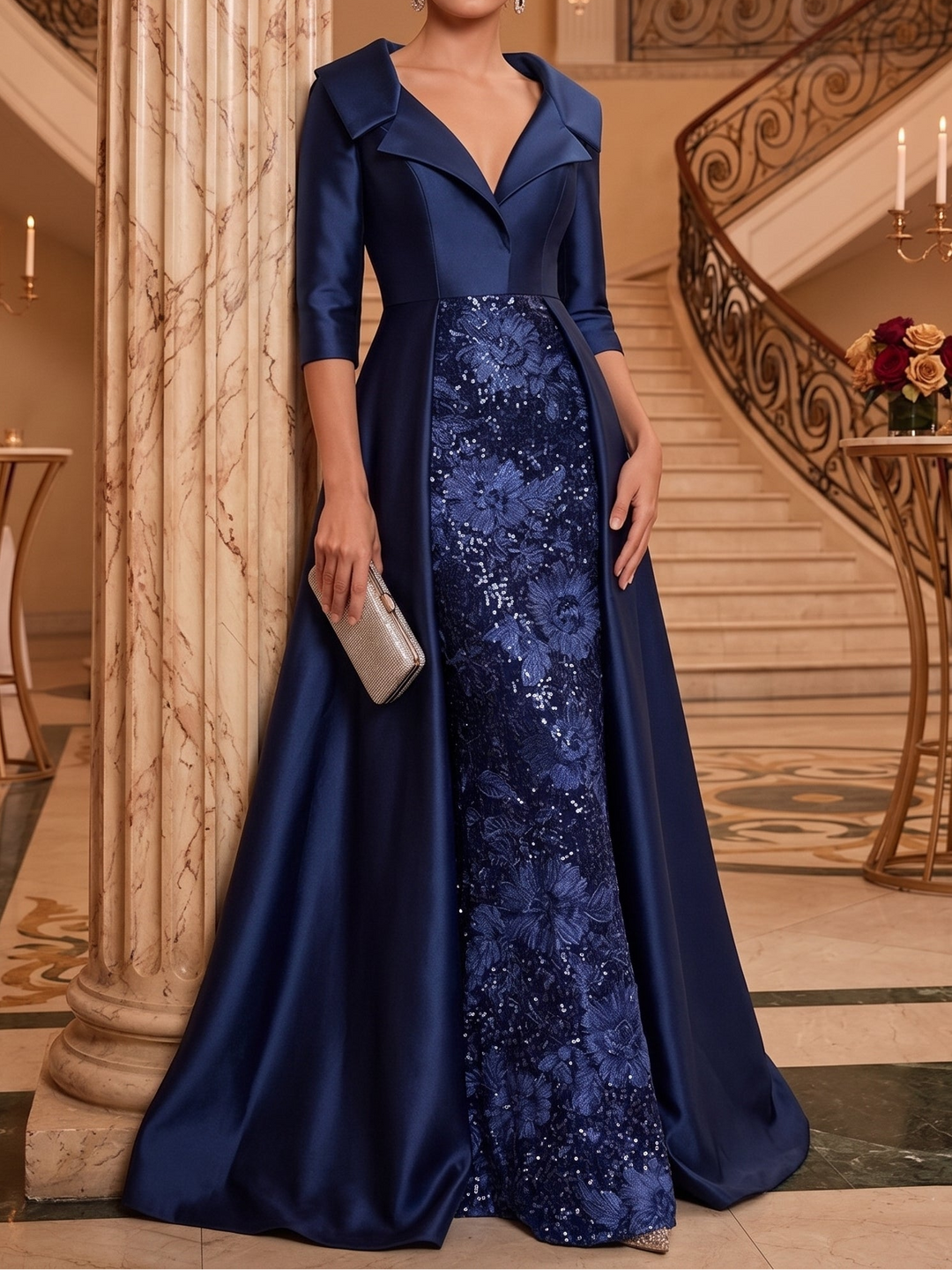 Sheath/Column V-Neck Satin Mother of the Bride Dresses Floor-Length 3/4 Sleeves Sequins