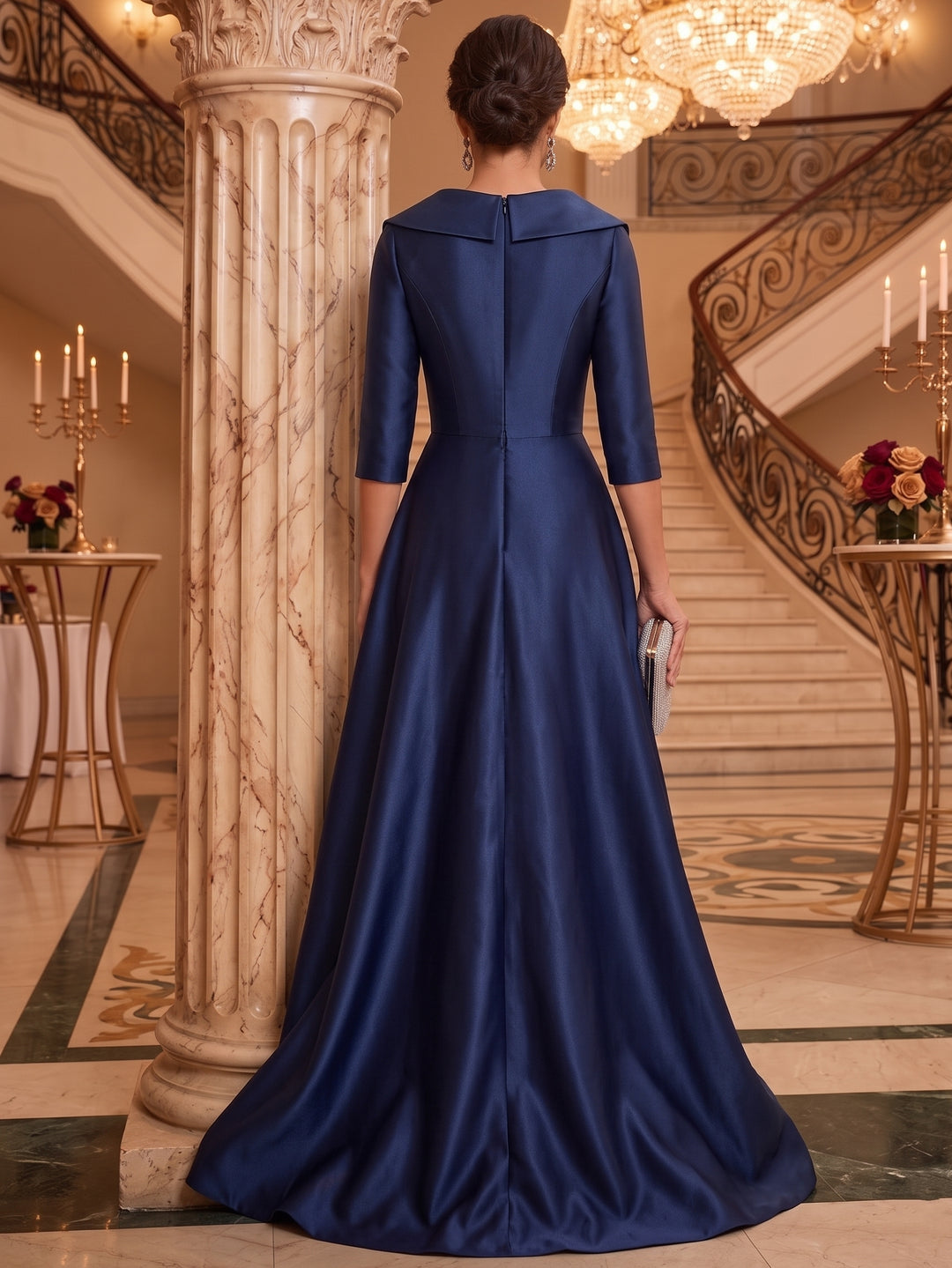 Sheath/Column V-Neck Satin Mother of the Bride Dresses Floor-Length 3/4 Sleeves Sequins