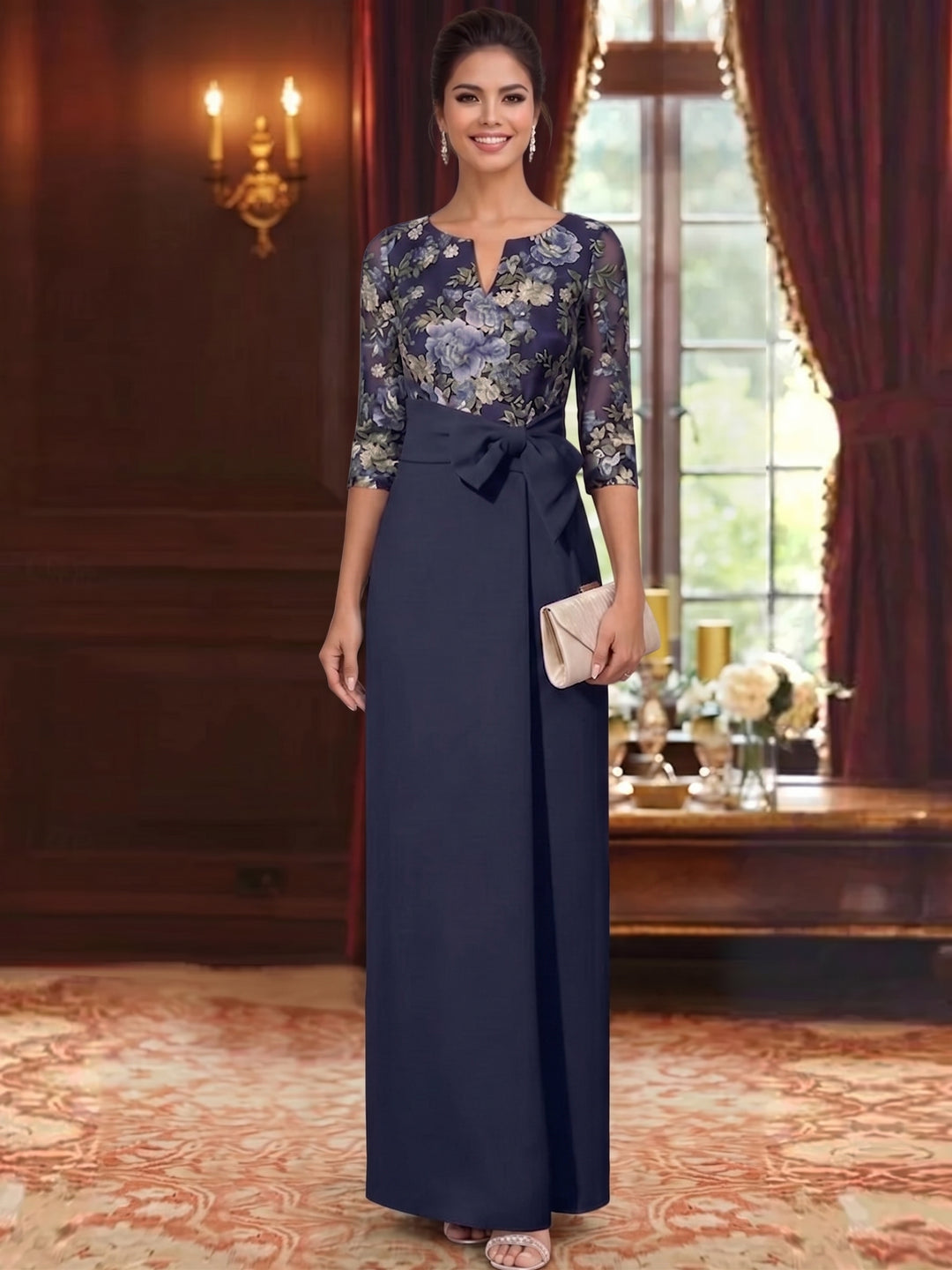Sheath/Column V-Neck Elastic Chiffon Mother of the Bride Dresses Floral 3/4 Sleeves Ankle-Length