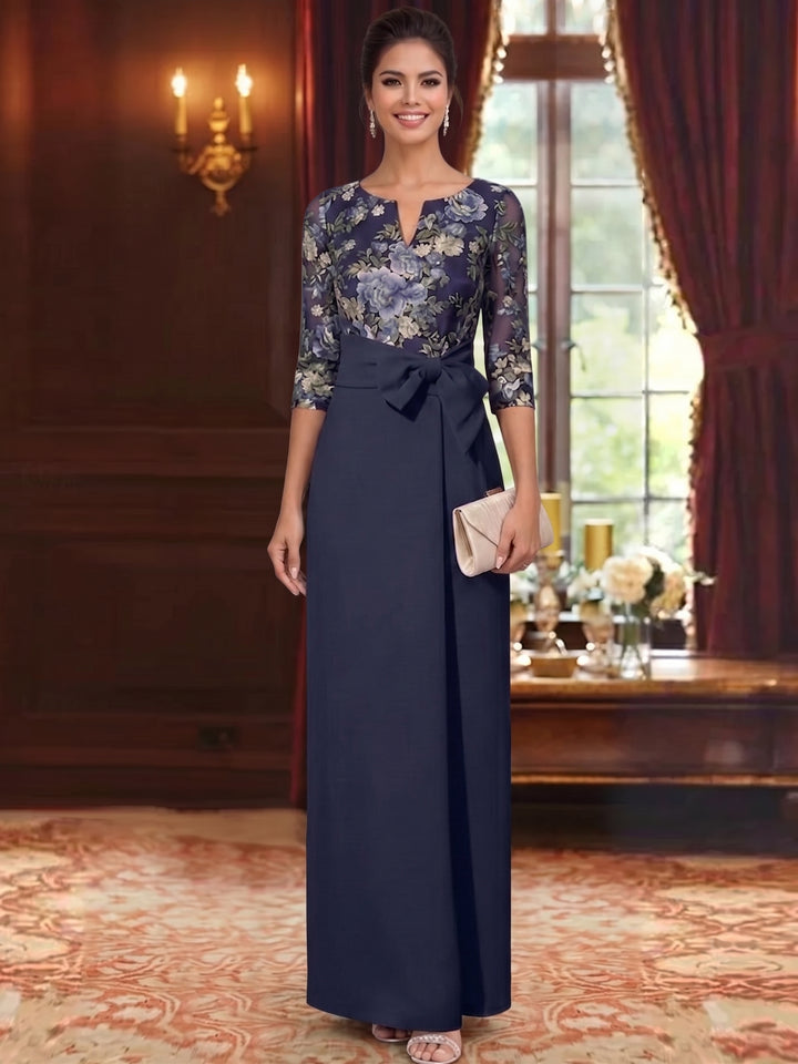 Sheath/Column V-Neck Elastic Chiffon Mother of the Bride Dresses Floral 3/4 Sleeves Ankle-Length