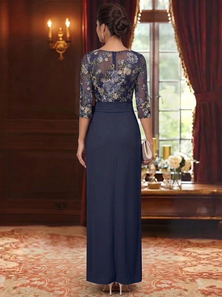 Sheath/Column V-Neck Elastic Chiffon Mother of the Bride Dresses Floral 3/4 Sleeves Ankle-Length