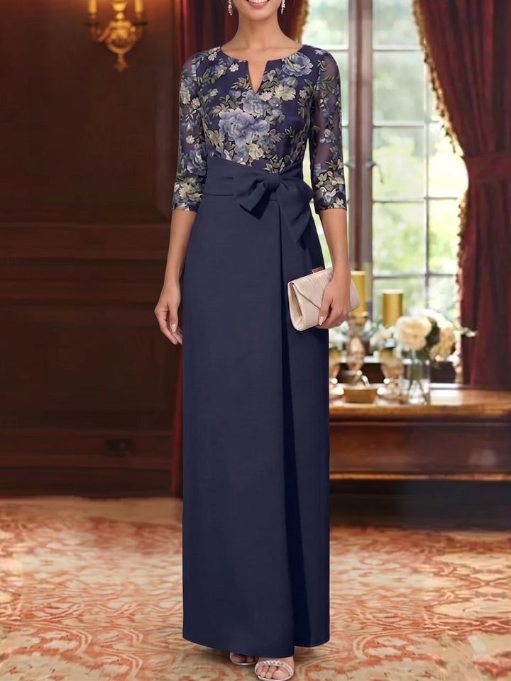 Sheath/Column V-Neck Elastic Chiffon Mother of the Bride Dresses Floral 3/4 Sleeves Ankle-Length