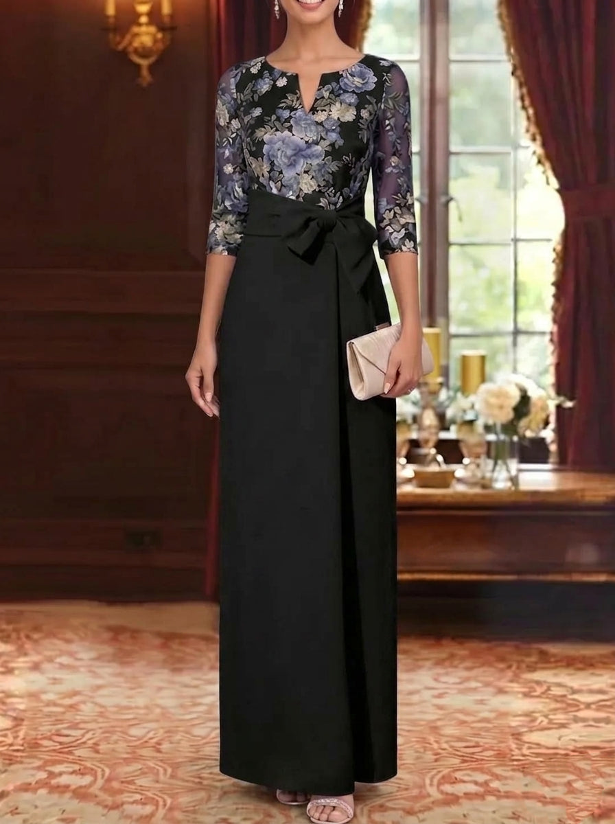Sheath/Column V-Neck Elastic Chiffon Mother of the Bride Dresses Floral 3/4 Sleeves Ankle-Length