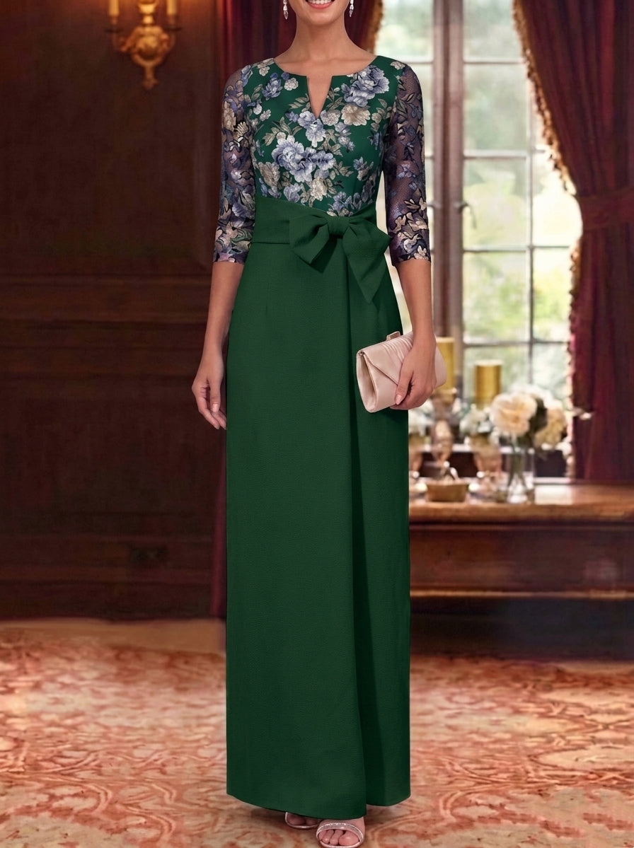Sheath/Column V-Neck Elastic Chiffon Mother of the Bride Dresses Floral 3/4 Sleeves Ankle-Length