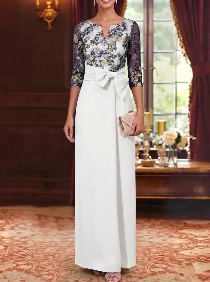 Sheath/Column V-Neck Elastic Chiffon Mother of the Bride Dresses Floral 3/4 Sleeves Ankle-Length