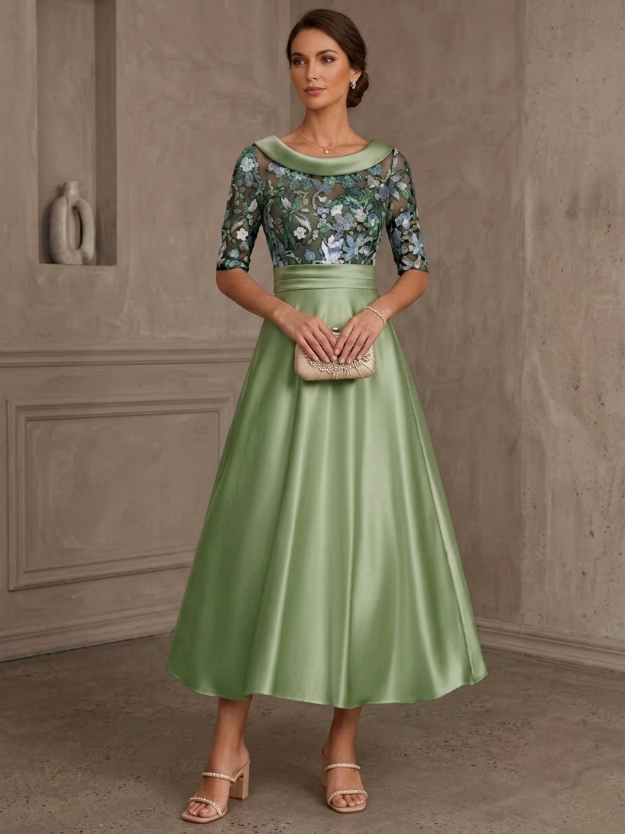 A-Line/Princess Silk Satin Cowl Neck Mother ofthe Bride Dresses Floral Sequins Tea Length Half Sleeves