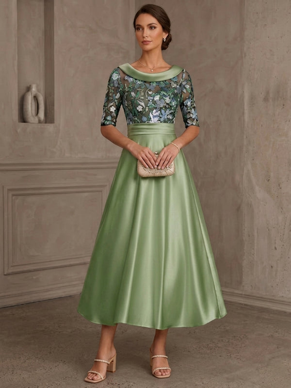 A-Line/Princess Silk Satin Cowl Neck Mother ofthe Bride Dresses Floral Sequins Tea Length Half Sleeves
