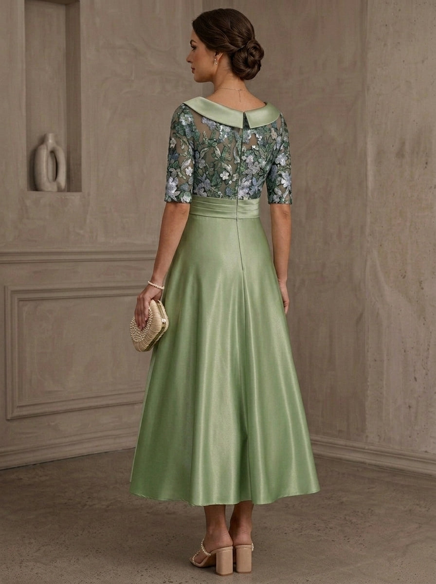 A-Line/Princess Silk Satin Cowl Neck Mother ofthe Bride Dresses Floral Sequins Tea Length Half Sleeves