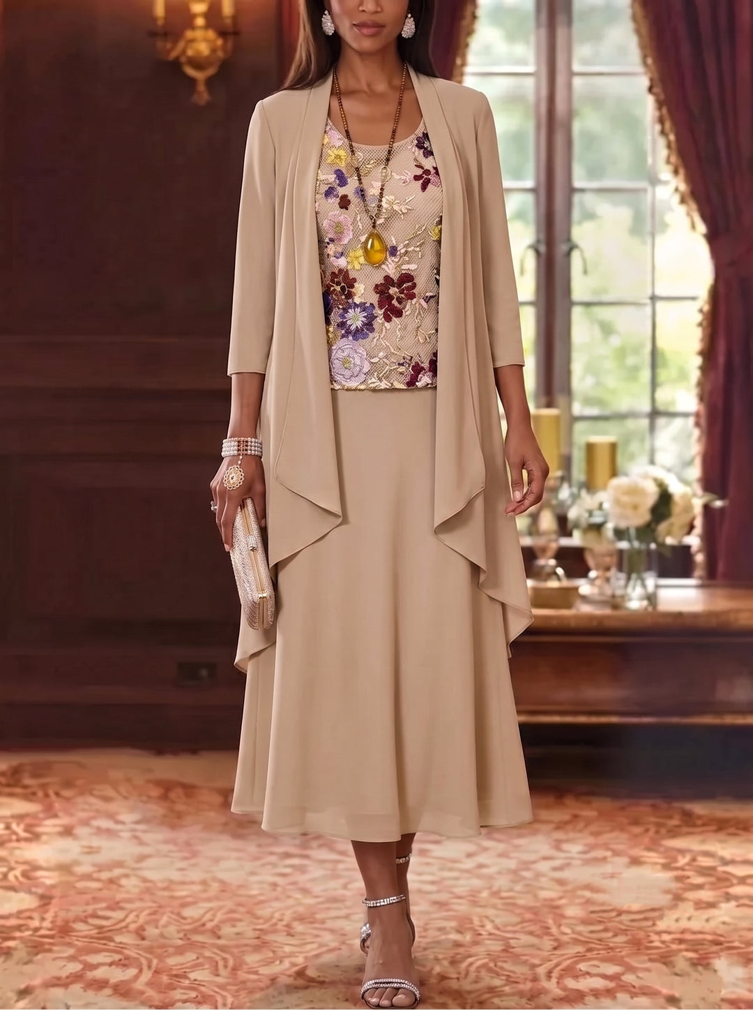 3 Pieces A-Line/Princess Scoop Chiffon Mother of the Bride Dresses Lace Embroidery 3/4 Sleeves Tea-Length
