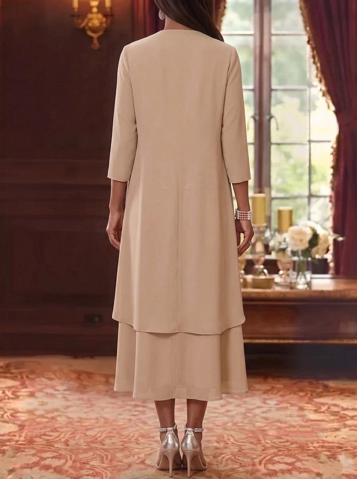 3 Pieces A-Line/Princess Scoop Chiffon Mother of the Bride Dresses Lace Embroidery 3/4 Sleeves Tea-Length