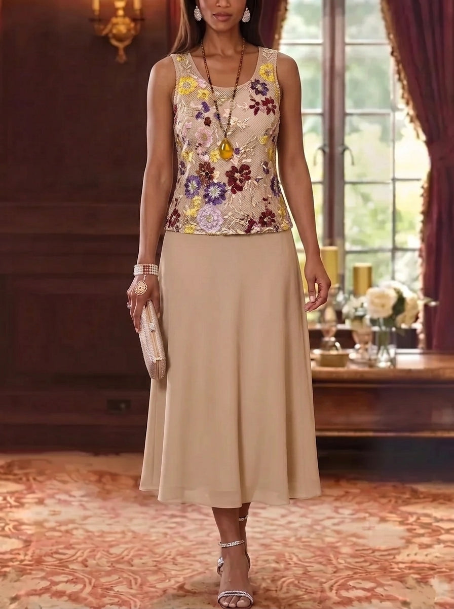 3 Pieces A-Line/Princess Scoop Chiffon Mother of the Bride Dresses Lace Embroidery 3/4 Sleeves Tea-Length
