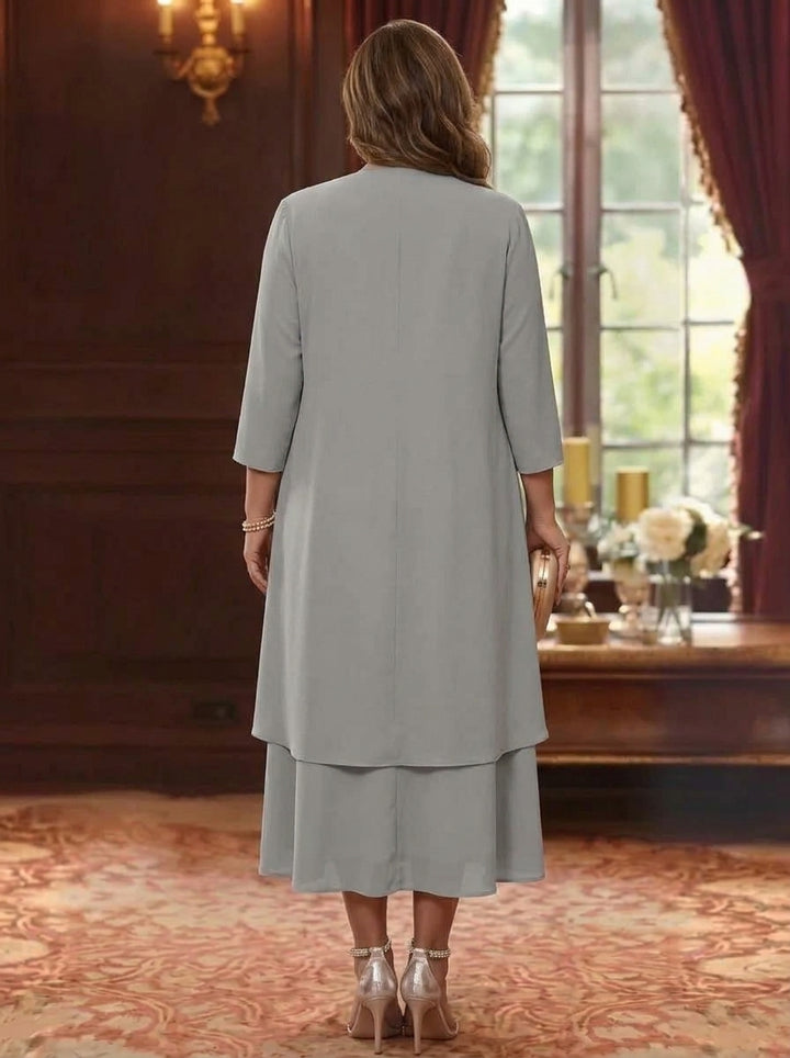 2 Pieces A-Line/Princess Scoop Chiffon Plus Size Mother of the Bride Dresses Lace Embroidery 3/4 Sleeves Tea-Length