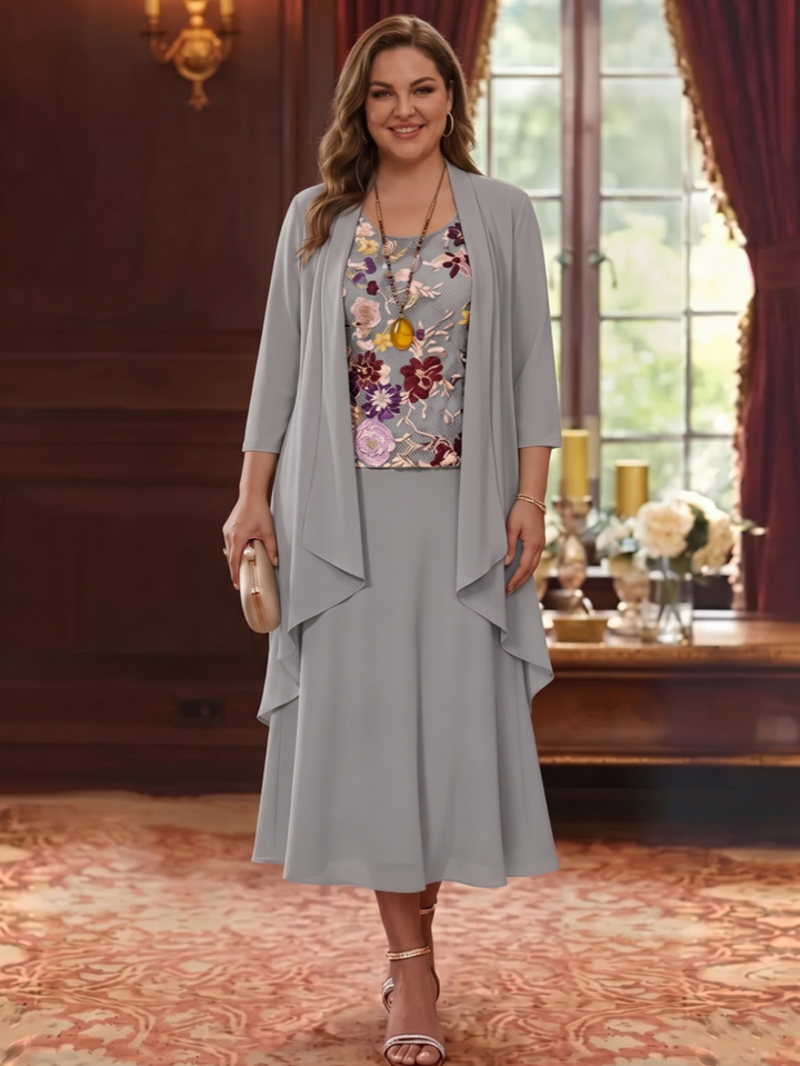 2 Pieces A-Line/Princess Scoop Chiffon Plus Size Mother of the Bride Dresses Lace Embroidery 3/4 Sleeves Tea-Length