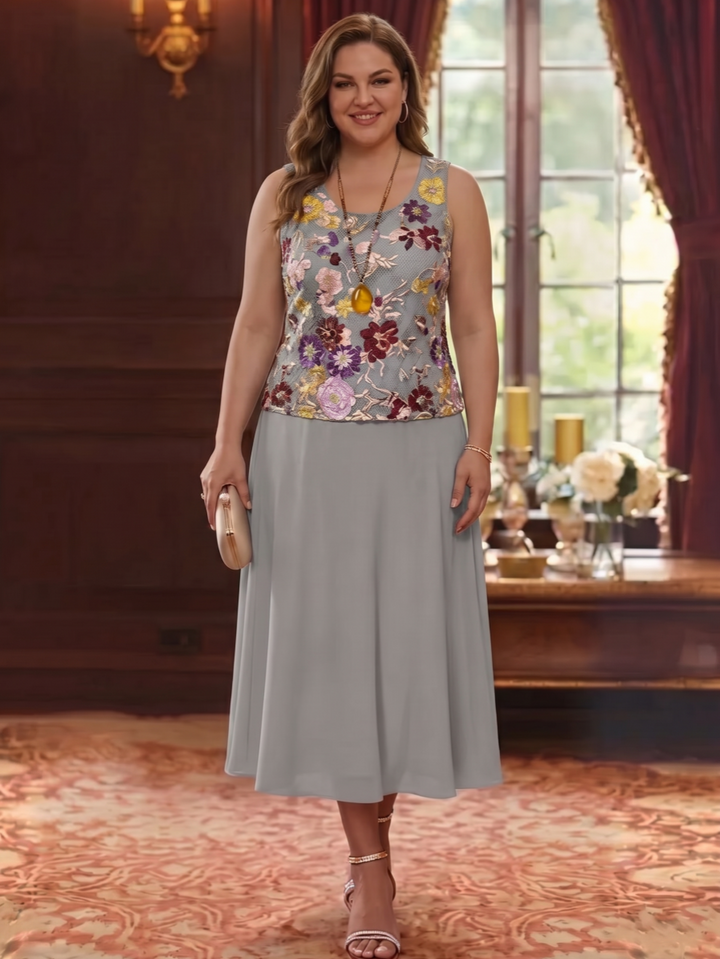 2 Pieces A-Line/Princess Scoop Chiffon Plus Size Mother of the Bride Dresses Lace Embroidery 3/4 Sleeves Tea-Length