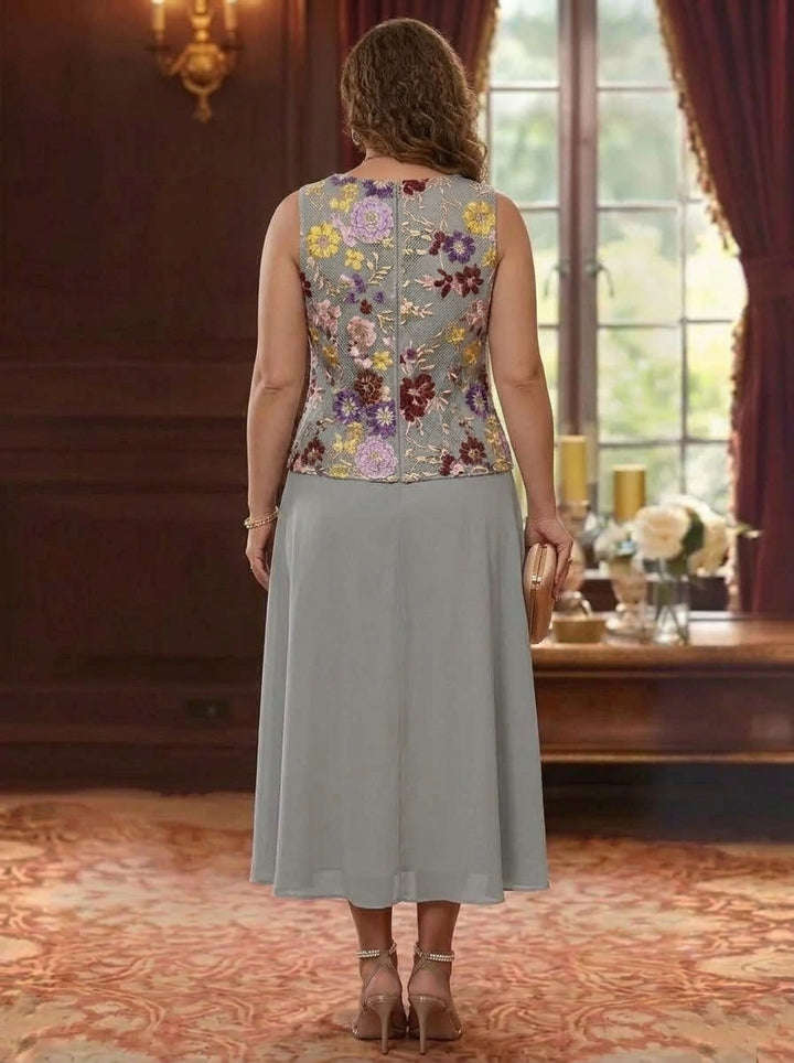 2 Pieces A-Line/Princess Scoop Chiffon Plus Size Mother of the Bride Dresses Lace Embroidery 3/4 Sleeves Tea-Length