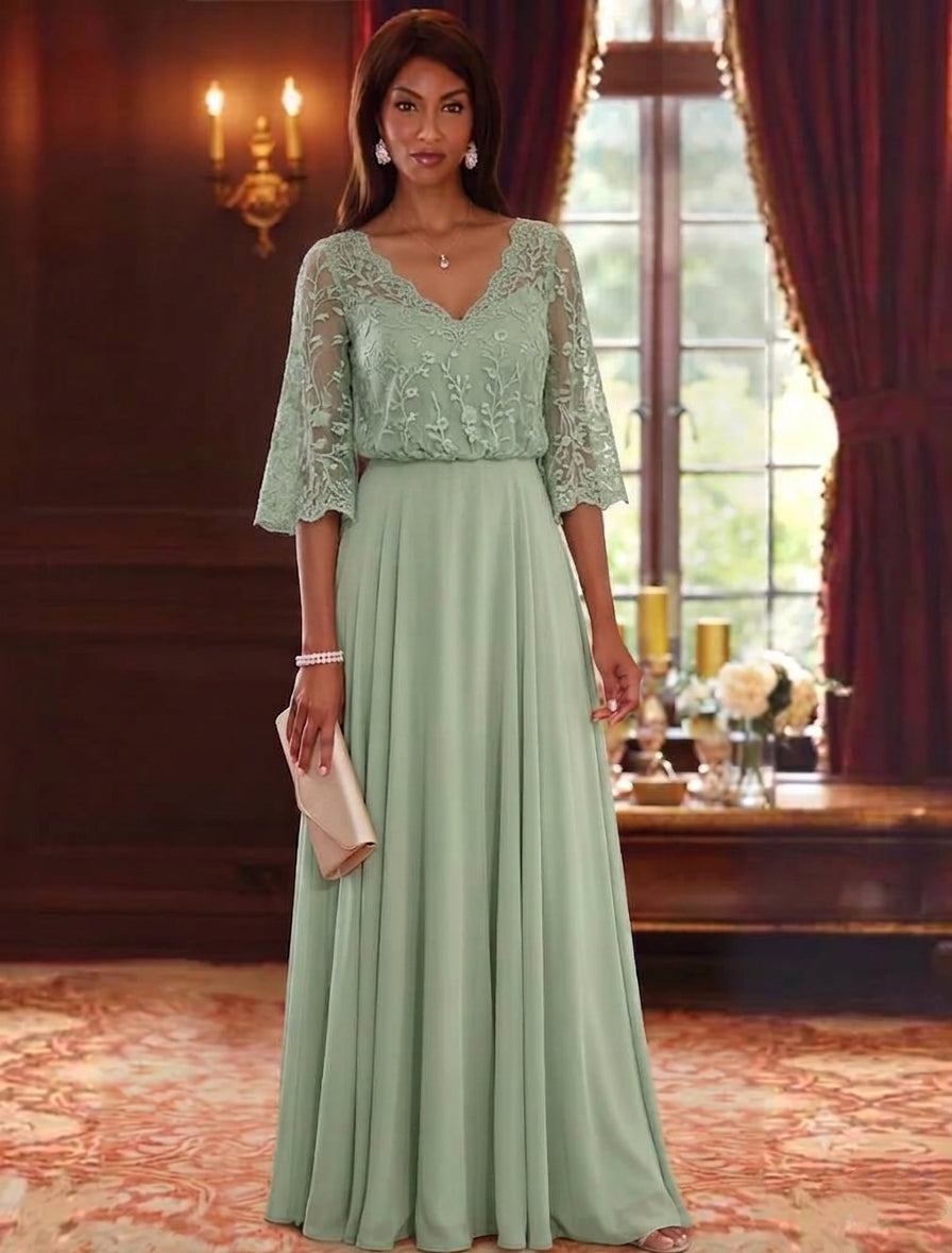 A-Line/Princess V-Neck Chiffon Mother of the Bride Dresses Lace Embroidery 3/4 Sleeves Floor-Length