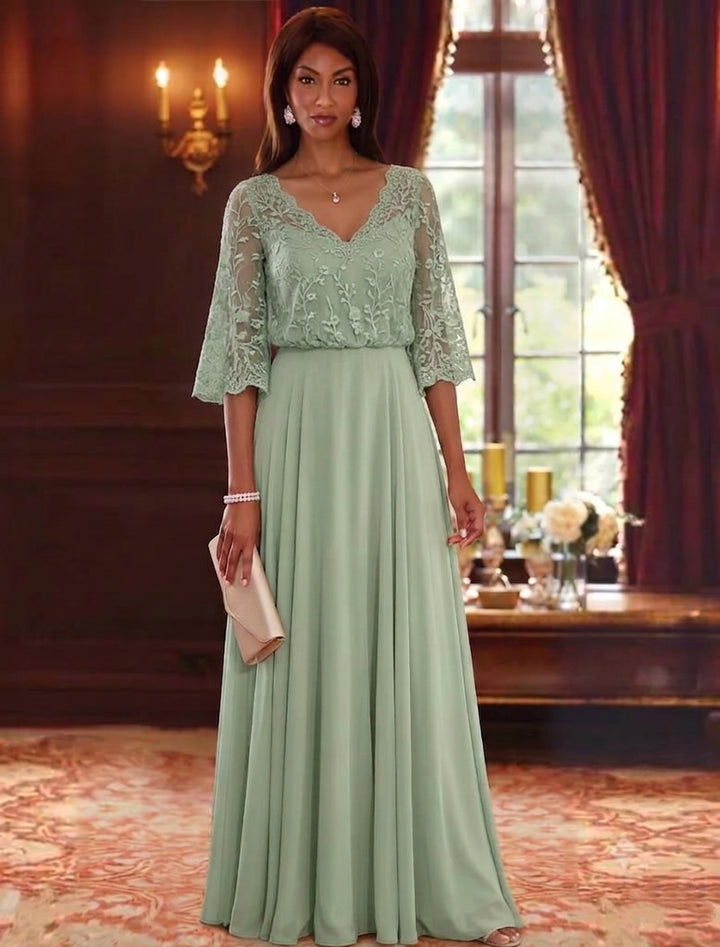 A-Line/Princess V-Neck Chiffon Mother of the Bride Dresses Lace Embroidery 3/4 Sleeves Floor-Length