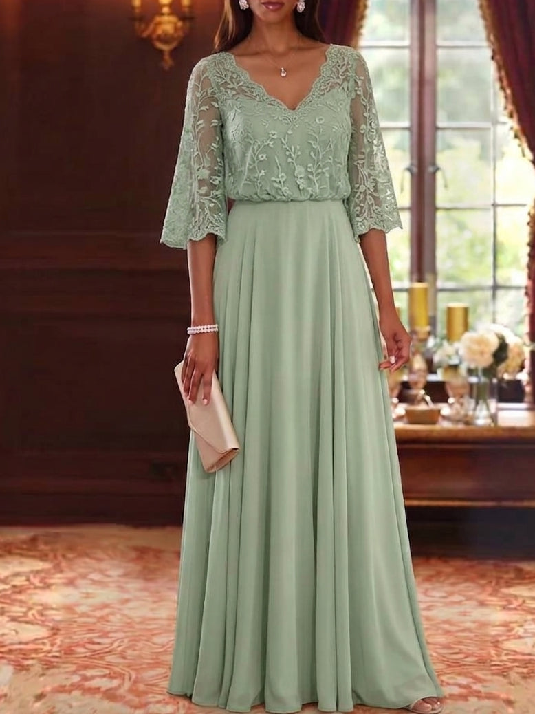 A-Line/Princess V-Neck Chiffon Mother of the Bride Dresses Lace Embroidery 3/4 Sleeves Floor-Length