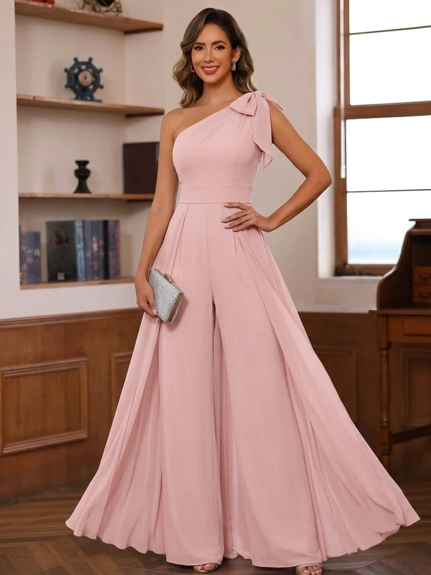 Chiffon One-Shoulder Mother of the Bride Jumpsuits Floor-Length Sleeveless with Bowknot&Overskirt