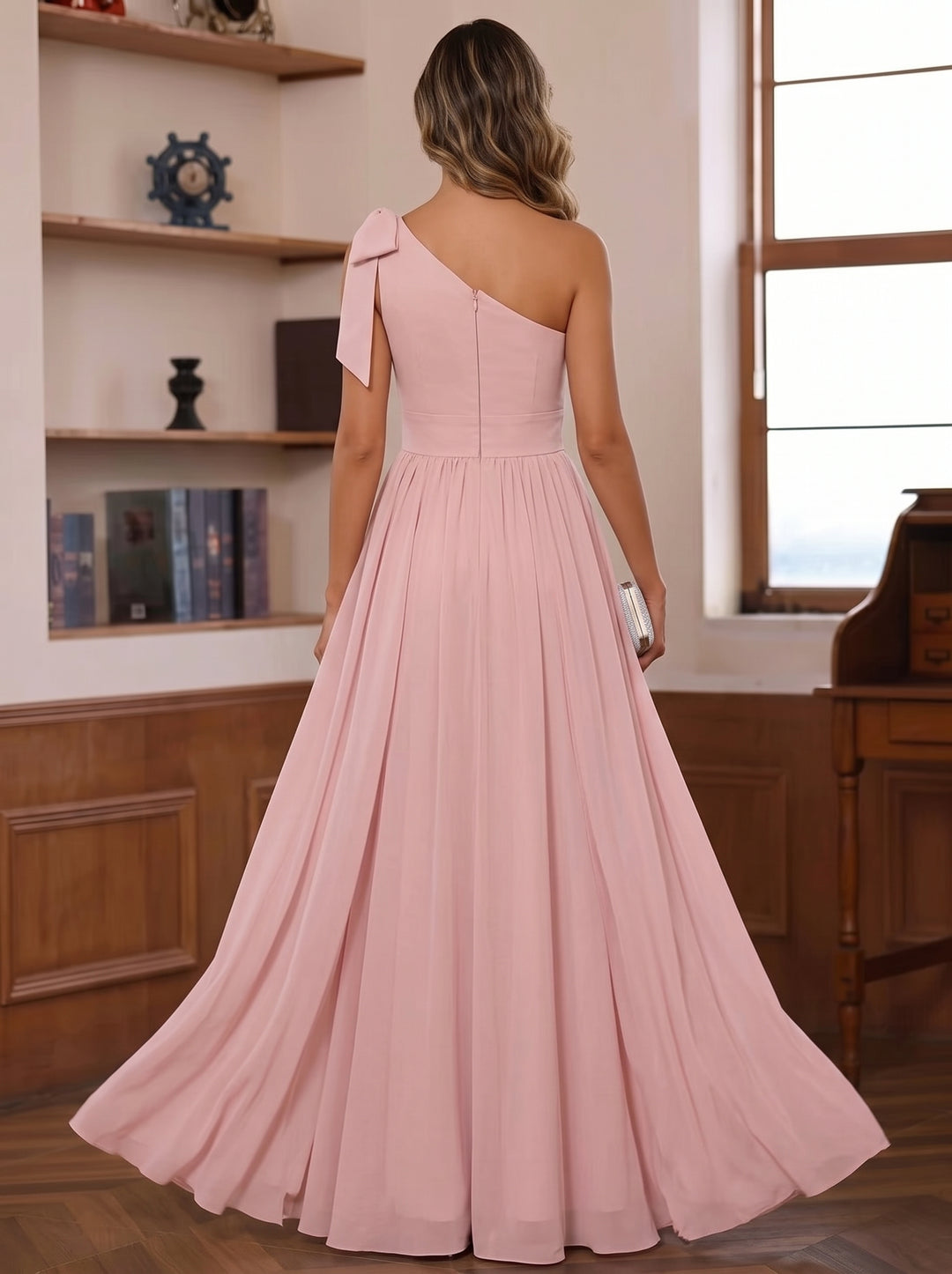 Chiffon One-Shoulder Mother of the Bride Jumpsuits Floor-Length Sleeveless with Bowknot&Overskirt