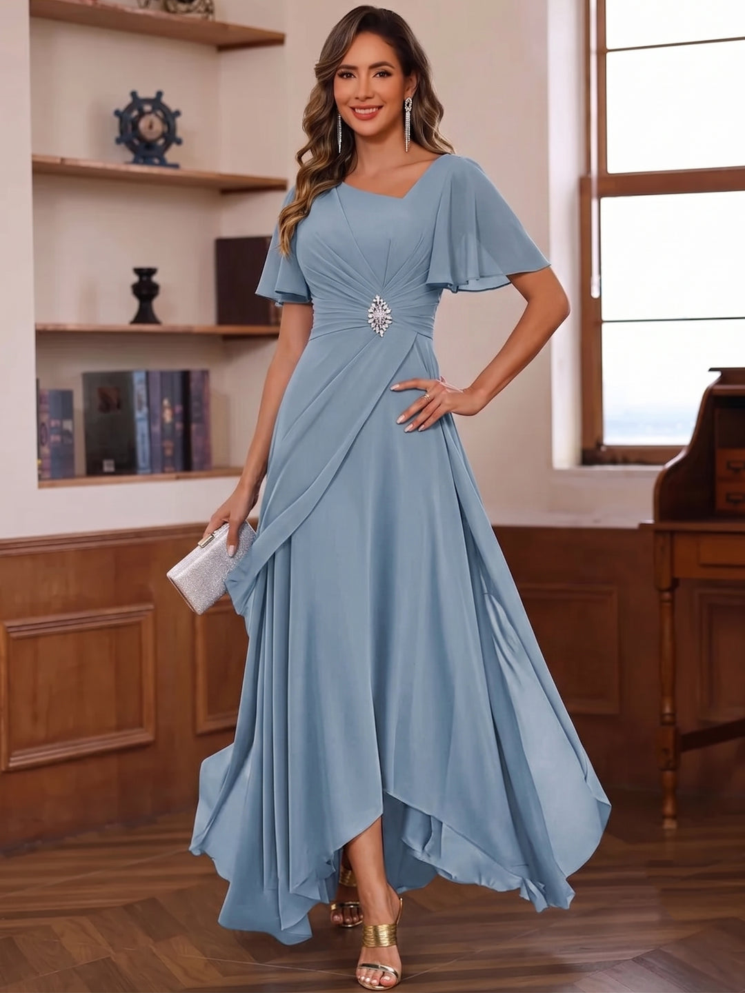 A-Line/Princess Chiffon Asymmetrical Collar Mother of the Bride Dresses Tea-Length Cape Sleeves with Ruffles