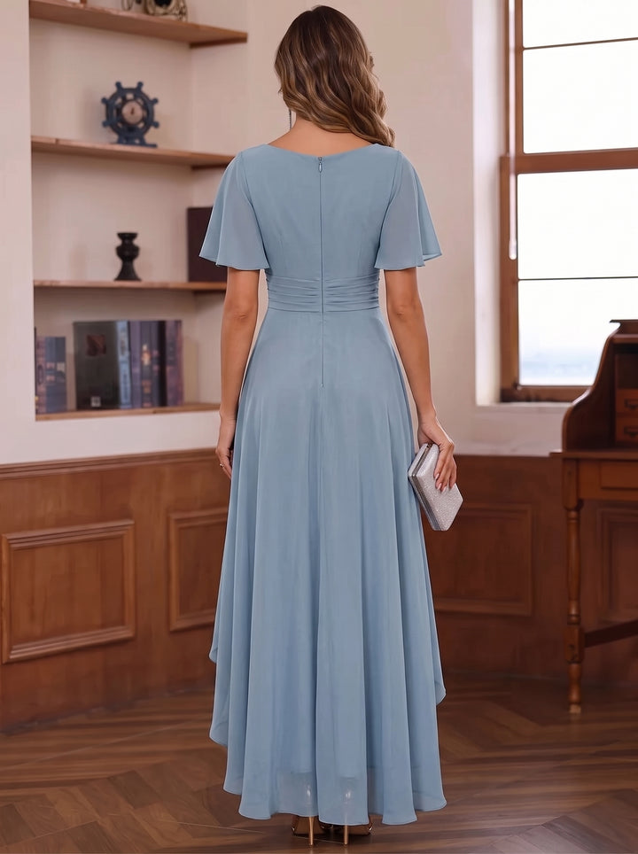 A-Line/Princess Chiffon Asymmetrical Collar Mother of the Bride Dresses Tea-Length Cape Sleeves with Ruffles