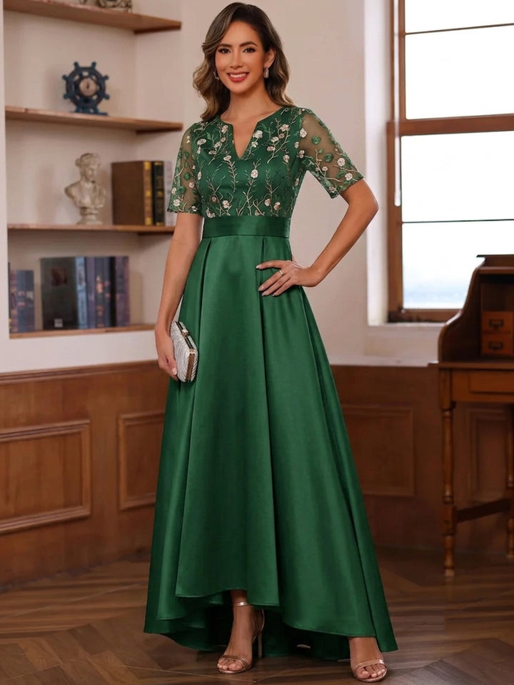 A-Line/Princess V-Neck Satin Mother of the Bride Dresses Lace Embroidery Tea-Length High-Low Short Sleeves