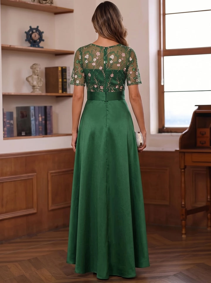 A-Line/Princess V-Neck Satin Mother of the Bride Dresses Lace Embroidery Tea-Length High-Low Short Sleeves