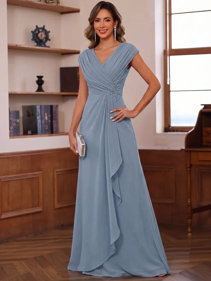 A-Line/Princess Chiffon V-Neck Mother of the Bride Dresses Floor-Length Short Sleeves with Ruffles