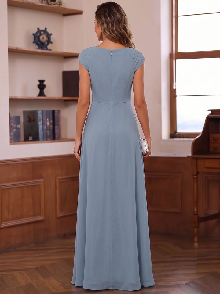 A-Line/Princess Chiffon V-Neck Mother of the Bride Dresses Floor-Length Short Sleeves with Ruffles