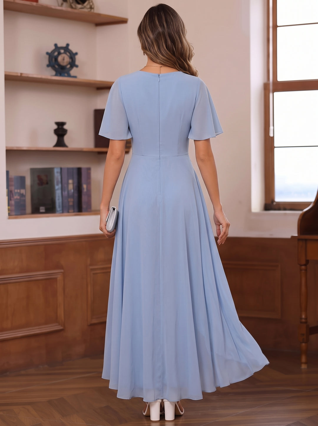 Chiffon V-Neck Mother of the Bride Jumpsuits Ankle-Length Short Sleeves with Overskirt