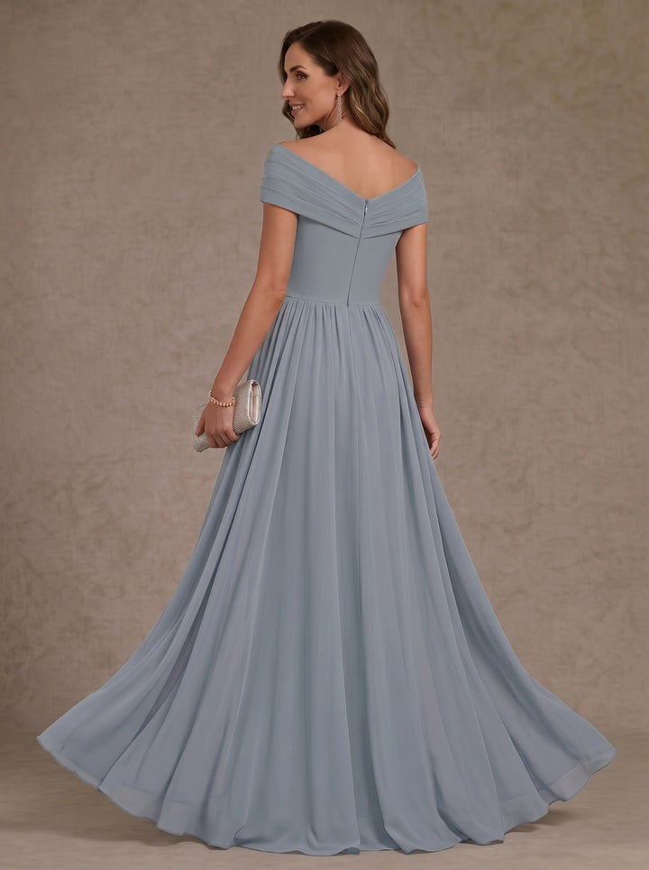 A-Line/Princess Chiffon Off-the-Shoulder Mother of the Bride Dresses with Overskirt Floor-Length Sleeveless Sequins Floral
