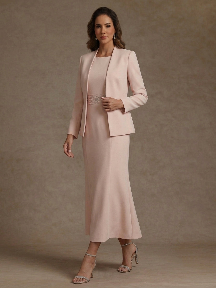 2 Pieces Sheath/Column Scoop Stretch Satin Mother of the Bride Dresses with Jacket Long Sleeves Tea-Length Sash