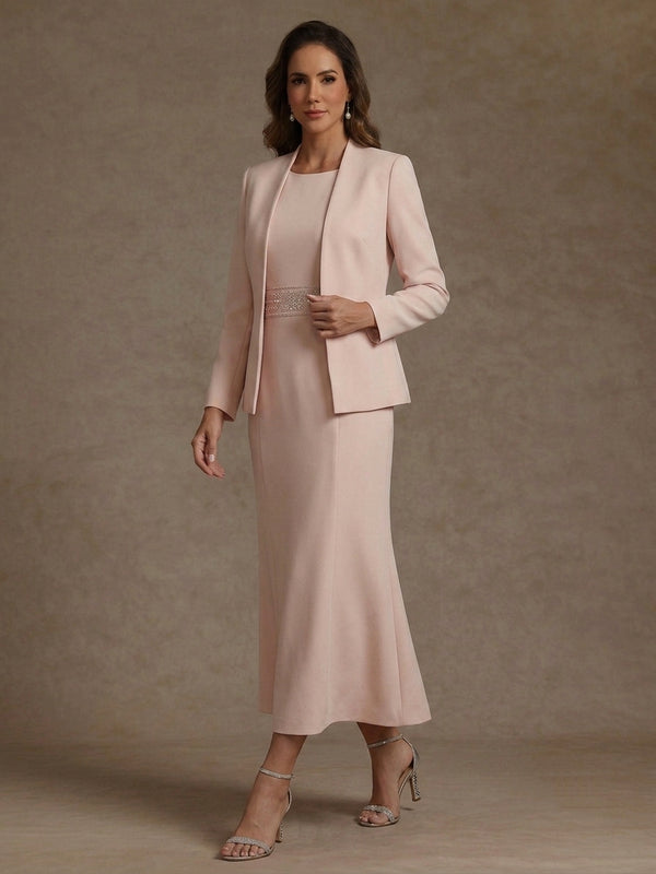 2 Pieces Sheath/Column Scoop Stretch Satin Mother of the Bride Dresses with Jacket Long Sleeves Tea-Length Sash