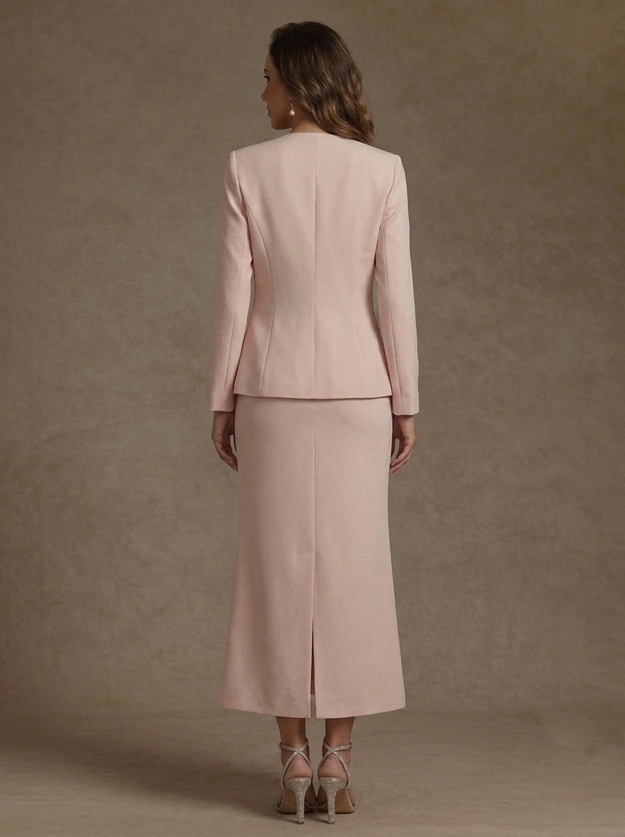 2 Pieces Sheath/Column Scoop Stretch Satin Mother of the Bride Dresses with Jacket Long Sleeves Tea-Length Sash