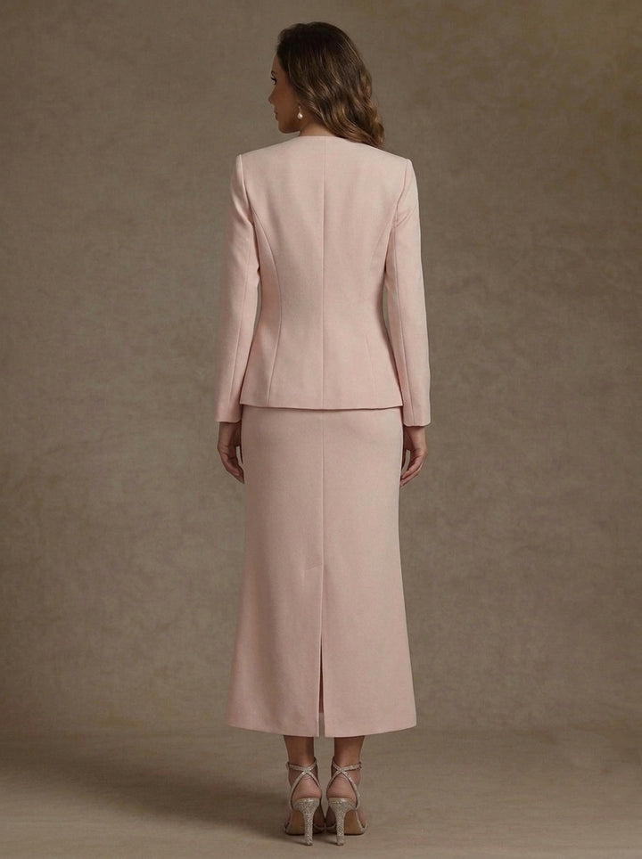 2 Pieces Sheath/Column Scoop Stretch Satin Mother of the Bride Dresses with Jacket Long Sleeves Tea-Length Sash