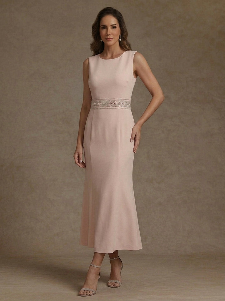 2 Pieces Sheath/Column Scoop Stretch Satin Mother of the Bride Dresses with Jacket Long Sleeves Tea-Length Sash