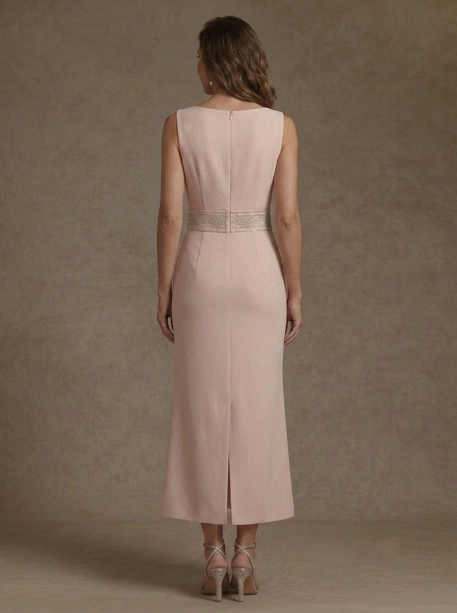 2 Pieces Sheath/Column Scoop Stretch Satin Mother of the Bride Dresses with Jacket Long Sleeves Tea-Length Sash