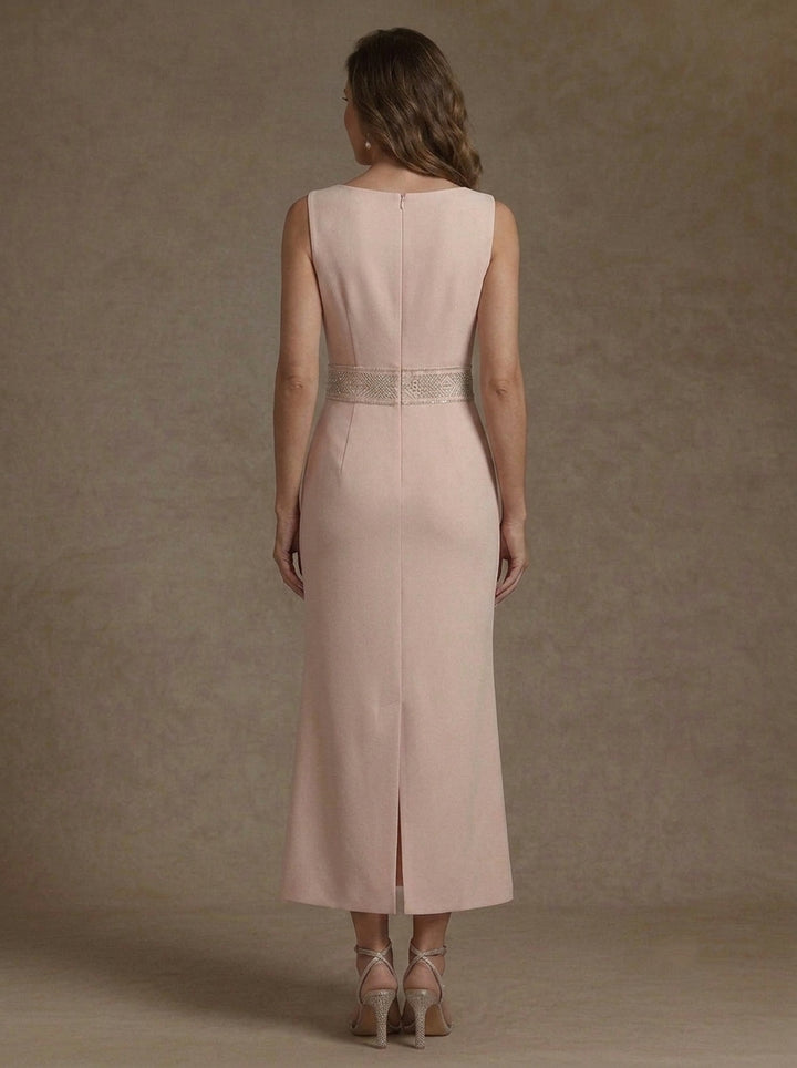 2 Pieces Sheath/Column Scoop Stretch Satin Mother of the Bride Dresses with Jacket Long Sleeves Tea-Length Sash