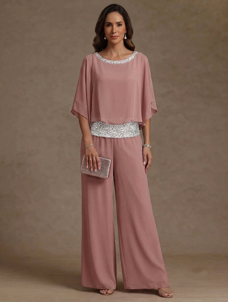 2 Pieces Chiffon Scoop Mother of the Bride Pantsuits Floor-Length Sequins 3/4 Sleeves