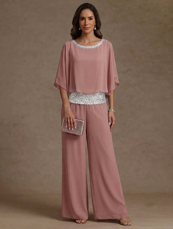 2 Pieces Chiffon Scoop Mother of the Bride Pantsuits Floor-Length Sequins 3/4 Sleeves